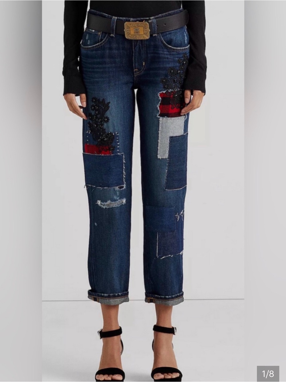 Dark Blue Patchwork Tapper Relaxed Women's Jeans with Red & Black Accents